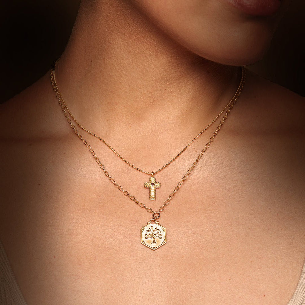 Satya Jewelry Kette Unwavering Faith Garnet Cross, vergoldet