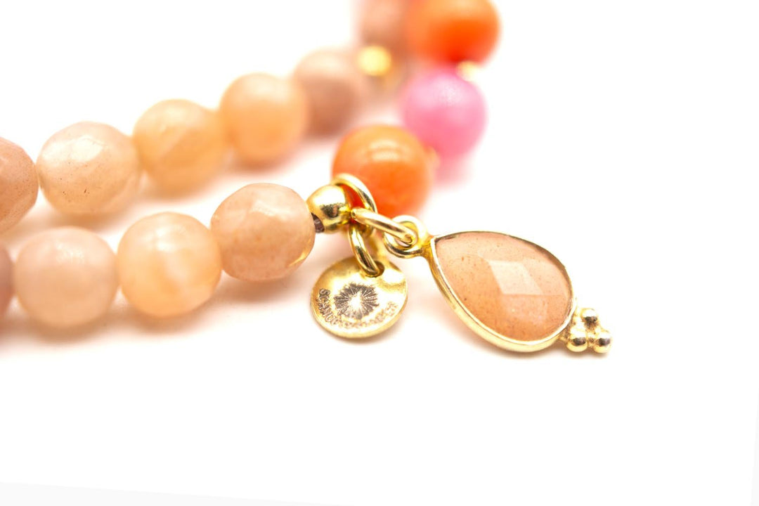 Schmückstück Armband Mala Twin Sunstone Coral, vergoldet