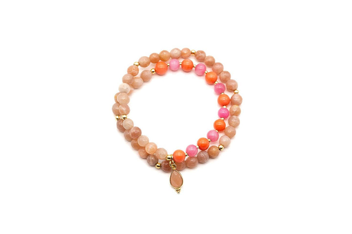 Schmückstück Armband Mala Twin Sunstone Coral, vergoldet