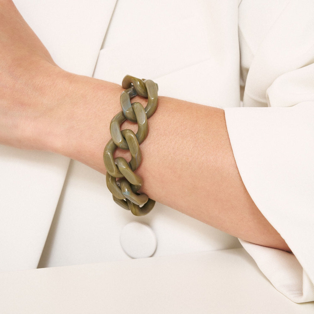 Vanessa Baroni Armband Flat Chain, light olive marble, vergoldet