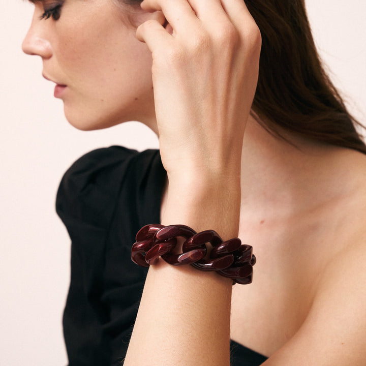 Vanessa Baroni Armband Great Flat Chain, bordeaux marble, vergoldet