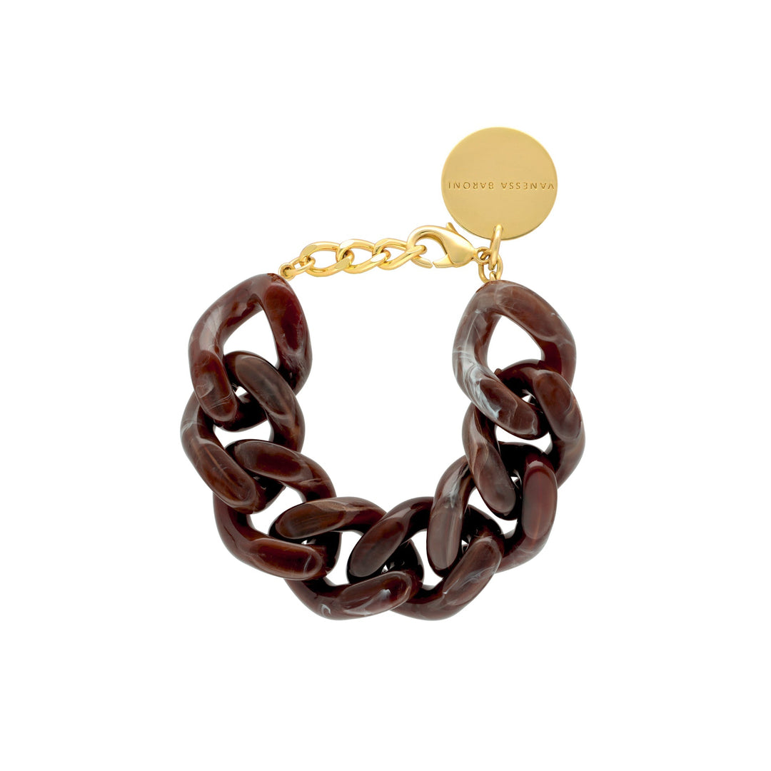 Vanessa Baroni Armband Great Flat Chain, dark brown marble, vergoldet